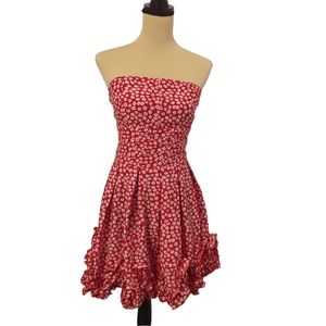 Strapless Red And White Floral Dress With Ruffle Hem Stretch Back Size Small